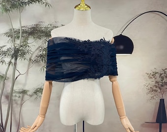 Off-Shoulder Navy Flower Lace Wrap,Adjustable Bridal Shawl Bolero,Soft Blue Tulle Wedding Dress Cover Up,Wedding/Party Accessory.