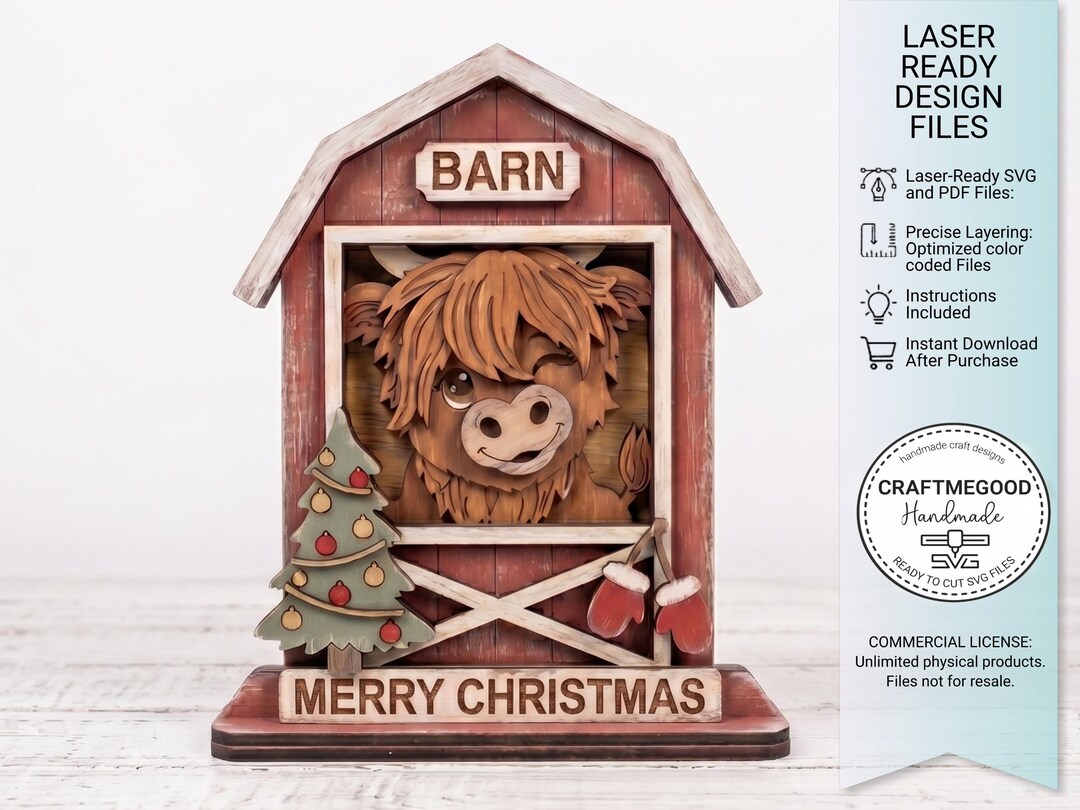 Highland Cow Standing Shelf Sitter Laser Cut File, Barn Christmas SVG ...