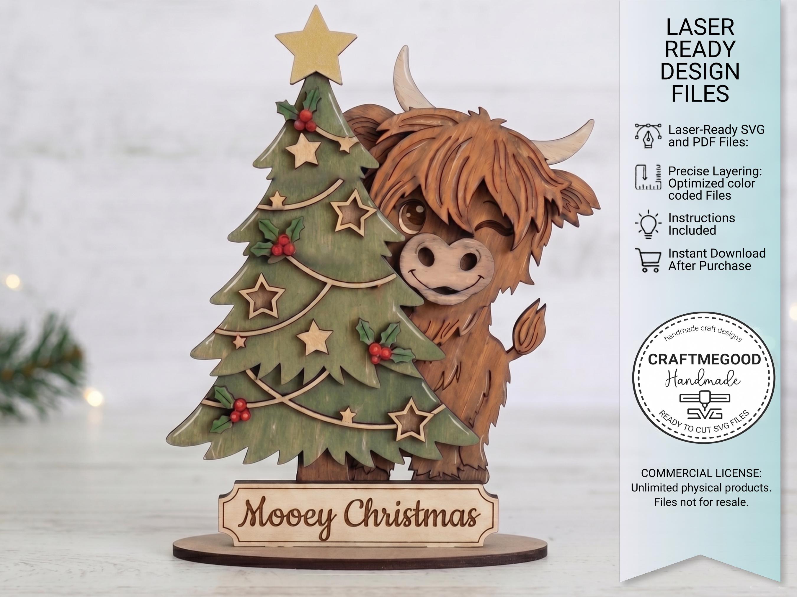 Highland Cow Standing Shelf Sitter SVG Laser Cut File, Christmas Tree ...