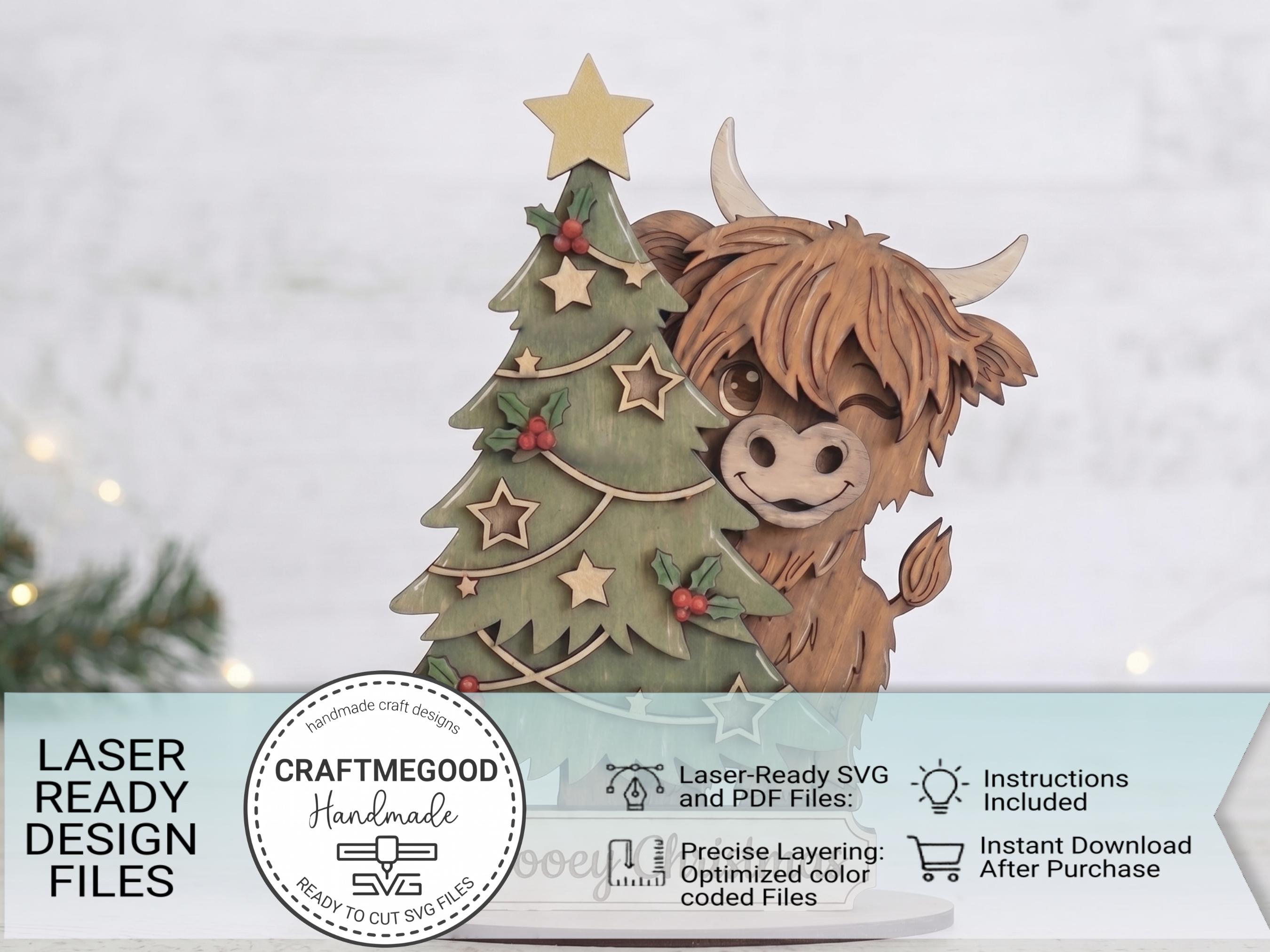 Highland Cow Standing Shelf Sitter SVG Laser Cut File, Christmas Tree ...