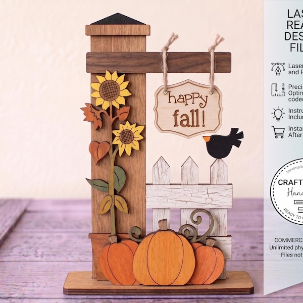 Happy Fall Shelf Sitter Laser Cut File, Crow Pumpkin Sunflower Post Sign SVG (Digital Download)