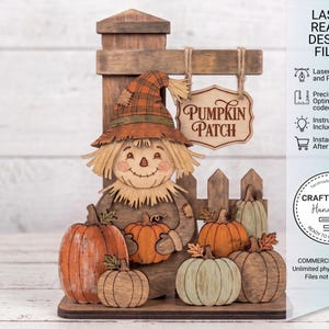 May include: A layered wooden scarecrow decoration featuring a plaid hat, holding a pumpkin, and standing before a fence. A hanging sign reads PUMPKIN PATCH. The design includes text stating LASER READY DESIGN FILES, SVG and PDF files, and instructions included for this digital download.