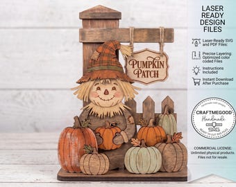 May include: A layered wooden scarecrow decoration featuring a plaid hat, holding a pumpkin, and standing before a fence. A hanging sign reads PUMPKIN PATCH. The design includes text stating LASER READY DESIGN FILES, SVG and PDF files, and instructions included for this digital download.
