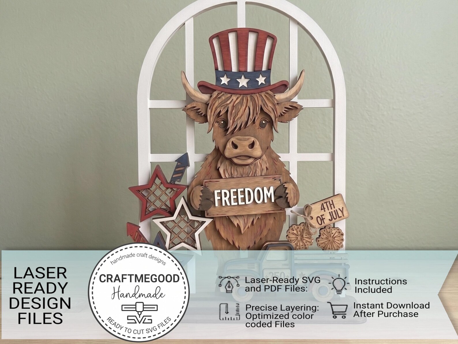 4TH of July Highland Cow Shelf Sitter Laser Cut File, Christmas SVG ...
