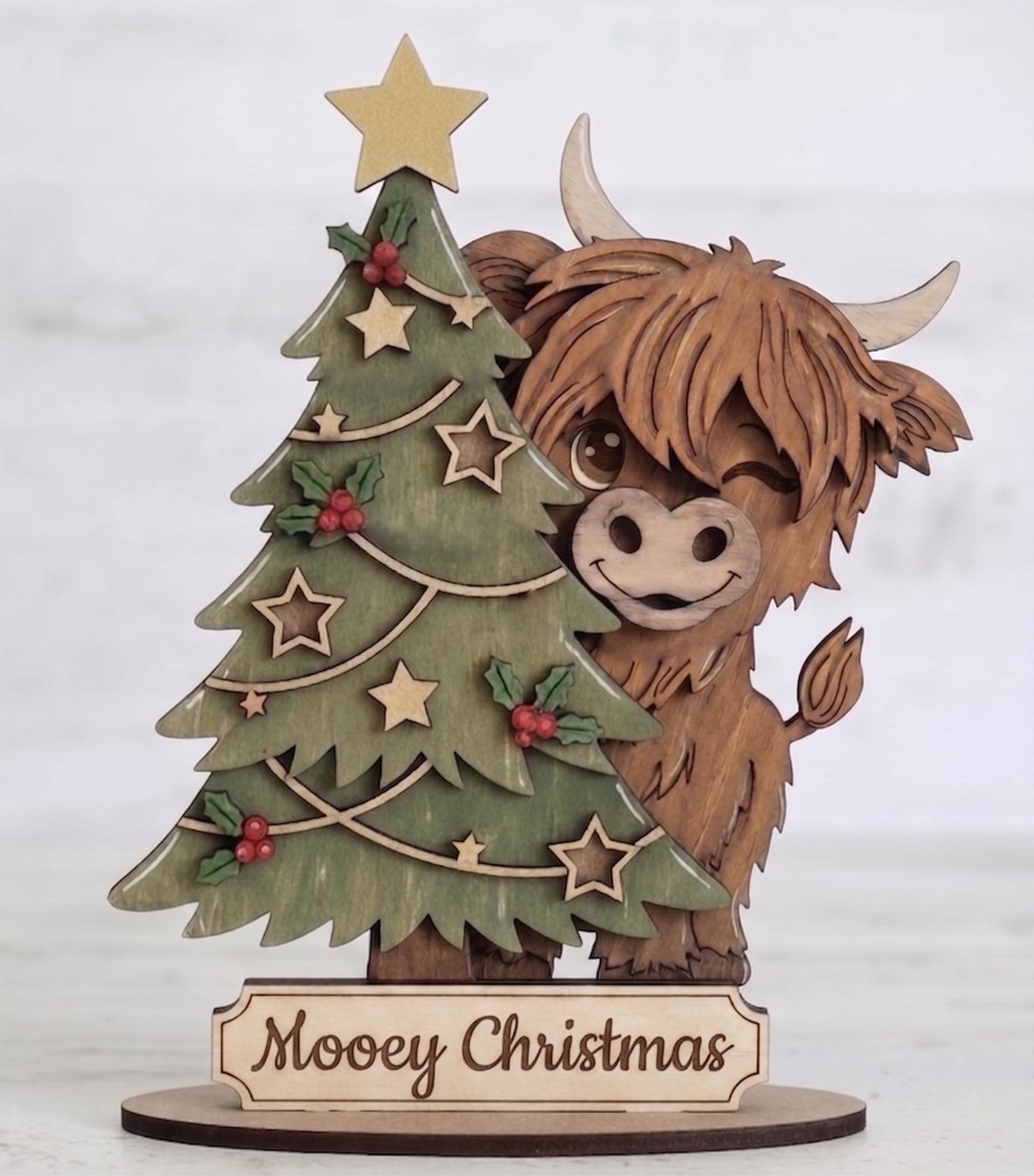 Highland Cow Standing Shelf Sitter SVG Laser Cut File, Christmas Tree ...