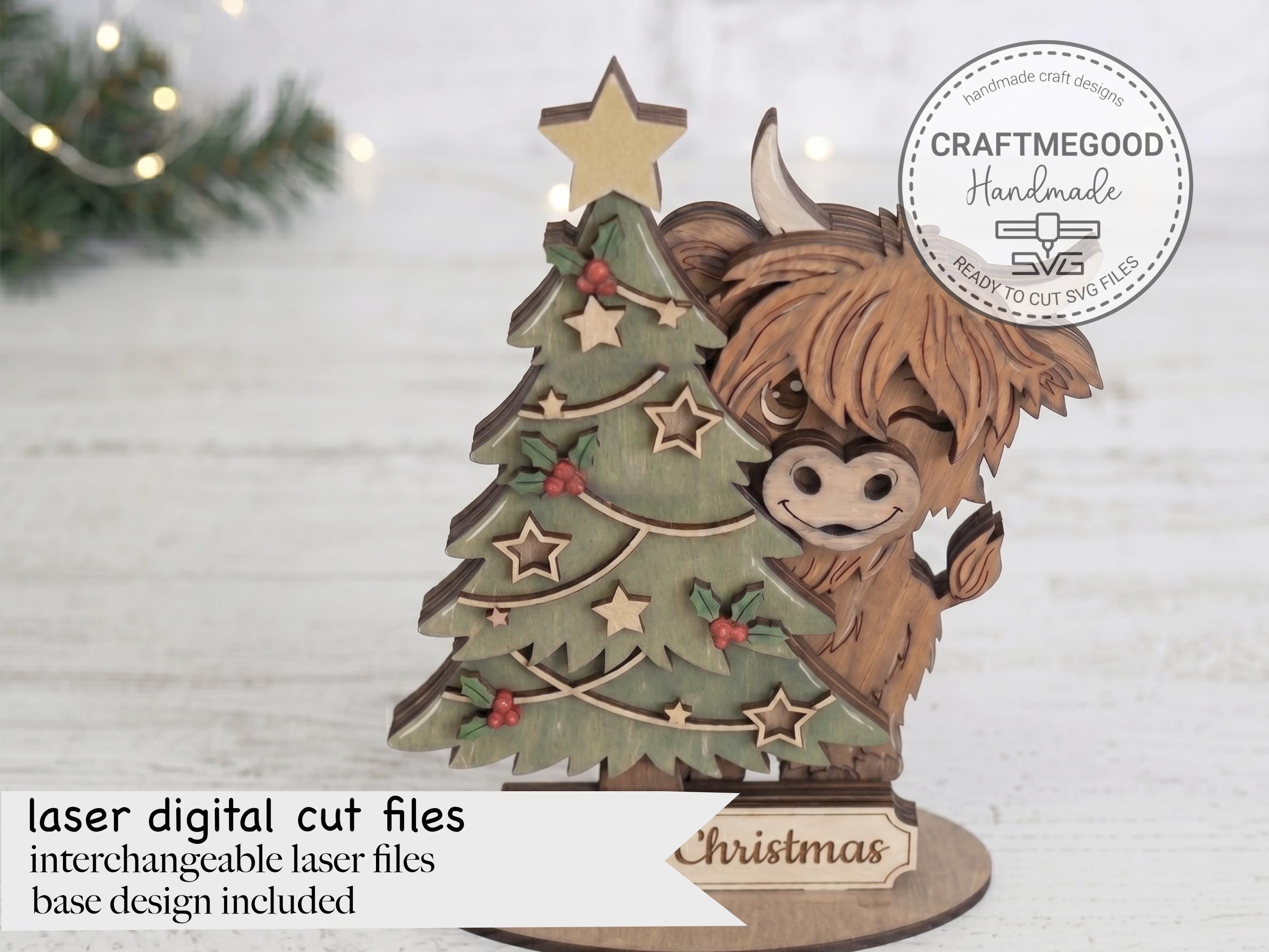 Highland Cow Standing Shelf Sitter SVG Laser Cut File, Christmas Tree ...