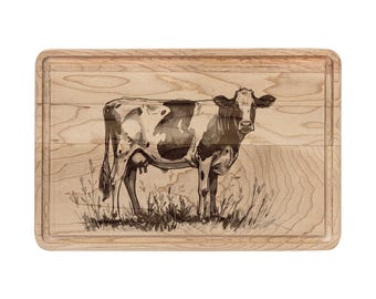 Tabla de cortar de madera con estampado de vaca, tabla de embutidos grabada / Decoración de cocina rústica