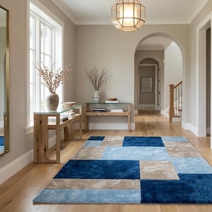 Modern Blue Geometric Area Rug, Abstract Patchwork Carpet, Soft Plush Living Room Rug, Hallway Runner, Minimalist Home Decor Rug