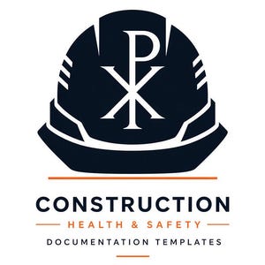 May include: A dark navy blue hard hat icon featuring a white Chi-Rho symbol. Below the icon, the text reads CONSTRUCTION, HEALTH & SAFETY, and DOCUMENTATION TEMPLATES in black and orange, separated by horizontal orange lines on a white background.