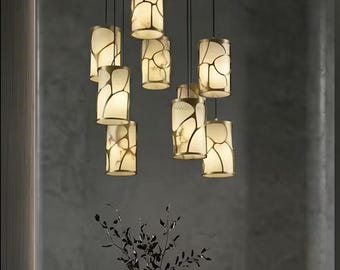Alabaster Cylinder Chandelier 9 Lights Gold, Natural Stone Pendant Cluster, Modern Dining Room
