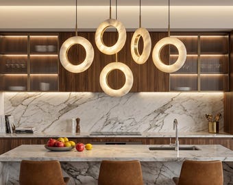 Alabaster Ring Chandelier 5 Lights Gold Pendant, Natural Stone Ceiling Lamp, Luxury Home Lighting