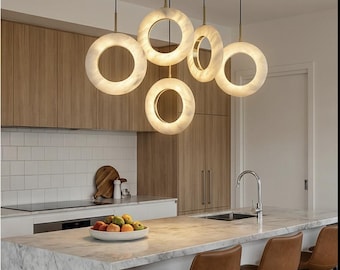 Natural Alabaster Ring Chandelier, 5-Head Gold Pendant Light, Luxury Living Room Lamp