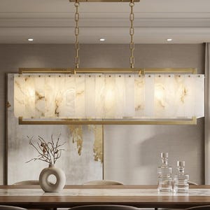 Alabaster Panel Linear Chandelier Brass Gold, Rectangular Stone Pendant Light 39 Inch, Dining Table