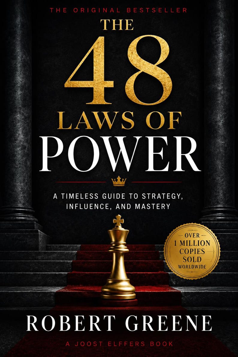 May include: Book cover for "The 48 Laws of Power" by Robert Greene. The title is in large gold letters against a black background. A gold chess piece stands on a red carpet, with the text "Over 1 Million Copies Sold Worldwide."