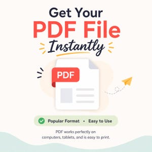 May include: A graphic with the text "Get Your PDF File Instantly." A white document with a red "PDF" tab is featured. The graphic also includes a paper airplane and the text "Popular Format &bull; Easy to Use."