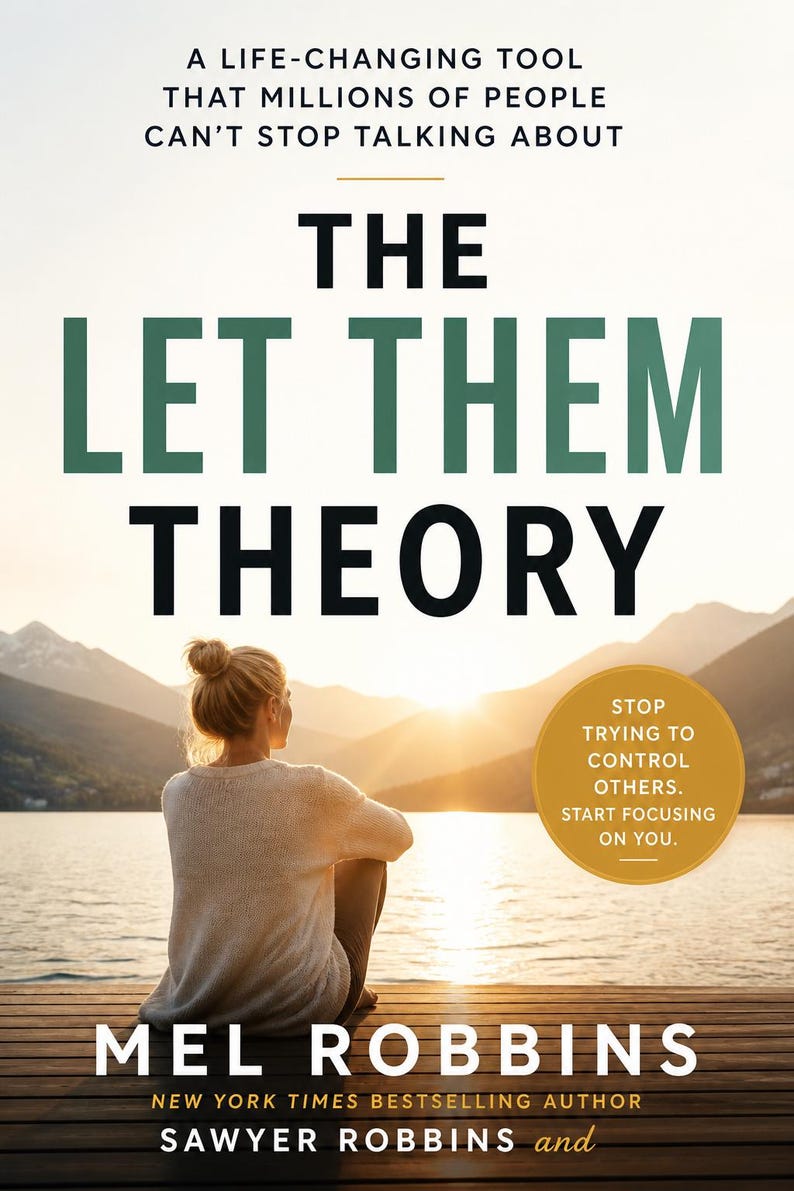 May include: Book cover for "The Let Them Theory" by Mel Robbins. The cover features a woman sitting on a dock, facing a lake and mountains. The title is in large, green letters, with the author's name at the bottom.