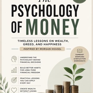 以下が含まれることがあります： 「The Psychology of Money」というタイトルのデジタルワークブック。副題は「富、貪欲、幸福に関する不朽の教訓」。表紙にはテキストとコインのイラスト、成長する植物が描かれています。