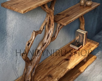 Luxury Solid Wood Bookshelf | Natural Edge Open Shelf Cabinet | Driftwood Branch Storage Rack | Made to Order Statement Piece