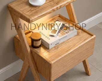 Light Oak Bedside Table | Modern Nightstand with Drawer, LED Light