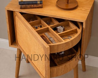 Oak Nightstand with Hidden Jewelry Organizer | Rattan Door Bedside Cabinet | Modern Boho Storage Table