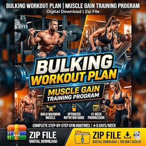 以下が含まれることがあります： 「BULKING WORKOUT PLAN | MUSCLE GAIN TRAINING PROGRAM」のデジタルダウンロードグラフィック。画像には、ウェイトを使ってワークアウトする人々が描かれています。「ZIP FILE」と、筋肉増強、栄養、進行状況のアイコンが含まれています。