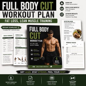Può includere: Un piano di allenamento digitale intitolato "Full Body Cut Workout Plan" con lo slogan "Fat Loss, Lean Muscle Training". La copertina presenta un uomo muscoloso. Include una panoramica settimanale, una guida agli esercizi, una guida nutrizionale e un tracker dei progressi. Il programma è progettato per una durata di 4 settimane.