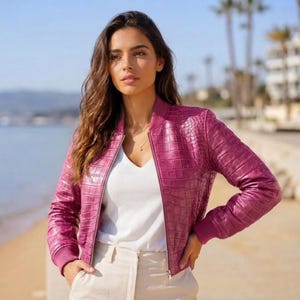 Crocodile Embossed Pink Leather Bomber Jacket ,Women's Biker Style
