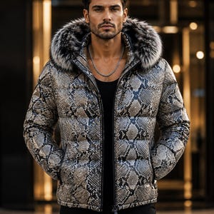 Men's Python Snakeskin Leather Puffer Jacket Faux Fur Collar and Hood