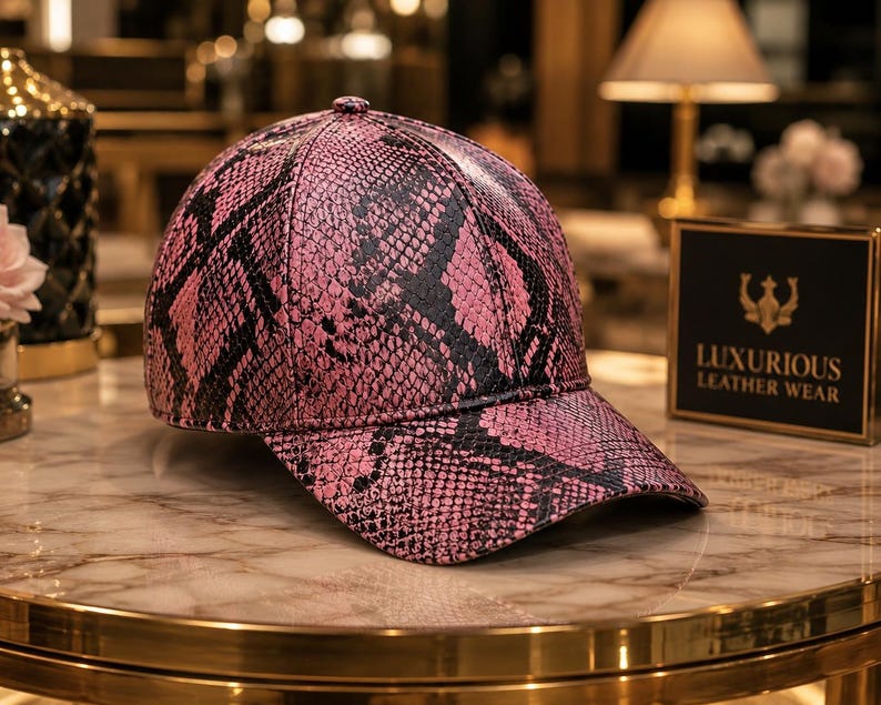 May include: A baseball cap featuring a vibrant pink and black snakeskin pattern. The cap has a structured crown, a curved brim, and a small button at the top center. The design covers the entire exterior surface of the cap in a repeating scale texture.