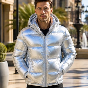 May include: A metallic silver puffer jacket with a hood, a full-length front zipper, and horizontal quilted panels. The jacket features a high collar, long sleeves, and two side pockets, worn over a plain black shirt and dark trousers.