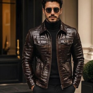 Luxury Men's Brown Crocodile Embossed Leather Jacket | Genuine Leather Trucker