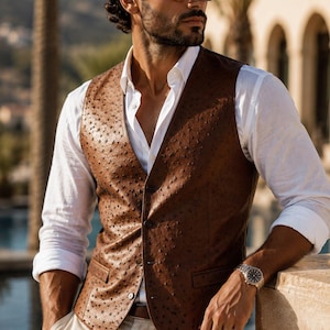 Ostrich Genuine Leather Vest and cap set | Men's Exotic Brown Waistcoat | Luxury set