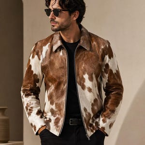 Men’s Western Cowhide Jacket, Hair-On Pony Hide, Real Cow Print Leather Coat