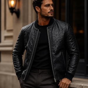 Men's Handmade Ostrich Leather Jacket - Luxury Exotic Outerwear