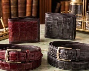 メンズ アリゲーターレザーベルト＆ウォレットセット：ハンドメイド クラシックスタイル