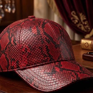 May include: A red and black patterned baseball cap. The cap features a snakeskin design with a curved brim and an adjustable strap. The hat is made of a textured material and has a small button on top.