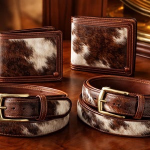 May include: A collection of brown leather wallets and belts with a cowhide pattern. The wallets are bi-fold and the belts have gold-colored buckles. The items are displayed on a wooden surface.