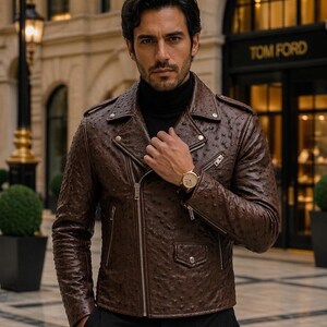 Chaqueta de piel de avestruz hecha a mano para hombre - Prendas de abrigo exóticas de lujo