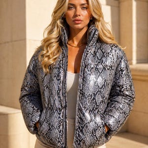 Women's Python Snakeskin Leather Jacket Collar and Cuffs Snake Print Parka