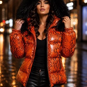 Women's Python Print Puffer Leather Jacket With Faux Fur, Designer Inspired Coat