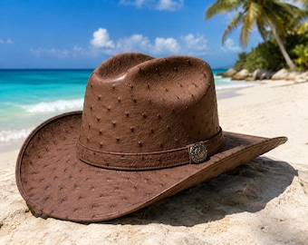 Luxury Handmade Ostrich Embossed Leather Hat Genuine Leather
