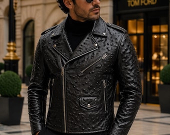 メンズ オーストリッチ レザー バイカー ジャケット - Lederjacken Herren S-3XL、エキゾチックなアウターウェア、