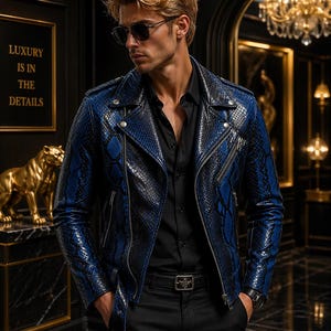 Men’s Genuine Python Leather Jacket / Exotic Snake Skin Coat / Luxury Designer Zip-Up Outerwear