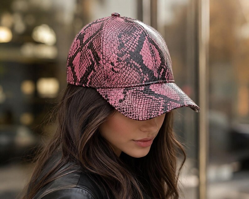 May include: A baseball cap featuring a vibrant pink and black snakeskin pattern. The cap has a structured crown and a curved brim, with a textured surface that mimics the appearance of reptile scales across the entire exterior fabric.