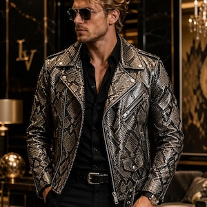 Chaqueta bomber de piel de serpiente Python hecha a mano - Chaqueta motociclista de cuero Lederjacken