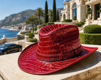 Crocodile Leather Hat – Handmade Fedora Hat for Men & Women, Alligator Hats, Cowboy Cap