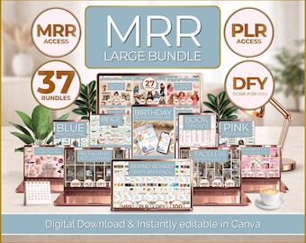 以下が含まれることがあります： 「MRR LARGE BUNDLE」と「37 BUNDLES」のテキストが入ったデジタル製品バンドルの画像。Pinterest、Instagramなどのテンプレートを表示する複数のラップトップが表示されています。「Digital Download & Instantly editable in Canva」のテキストも表示されています。
