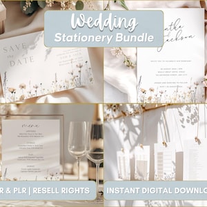 May include: A selection of wedding stationery, including invitations, save-the-date cards, menus, and place cards. The designs feature floral accents and elegant typography. The words "Wedding Stationery Bundle" are displayed in a light blue banner. The text "SAVE the DATE" is visible.