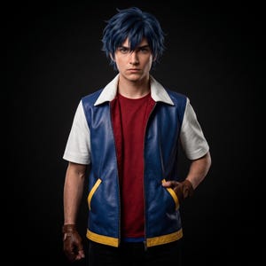 Könnte beinhalten: Eine blaue Lederweste mit weißem Kragen und gelben Verzierungen, getragen über einem roten T-Shirt mit weißen kurzen Ärmeln. Die Weste hat einen Frontreißverschluss und zwei Taschen mit gelben Akzenten. Braune fingerlose Handschuhe.
