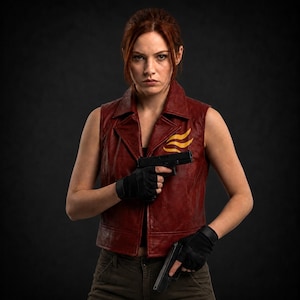 May include: A sleeveless dark red leather vest featuring a yellow flame-like emblem on the chest, worn over a black top with dark pants. The attire includes black fingerless gloves and two black handguns held in a ready position.